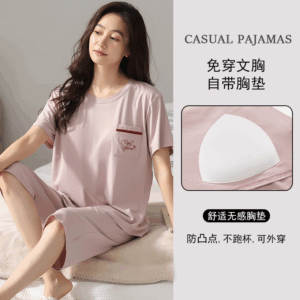 胸墊睡衣 | 女夏季莫代爾短袖七分褲套裝 | 免穿胸罩家居服可外穿